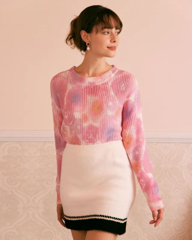 The Pink Round Neck Floral Fluffy Sweater sold by rihoas