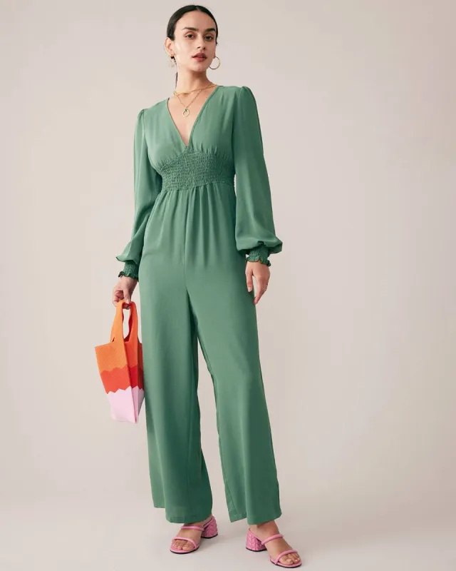 The Deep V Smocked Jumpsuit sold by rihoas