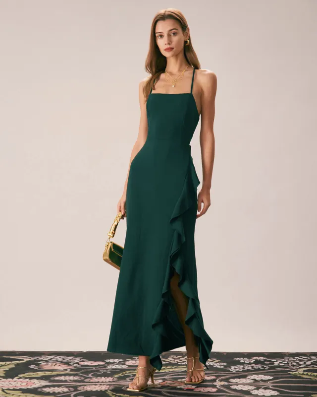 The Green Ruffle Cross Back Strap Maxi Dress sold by rihoas