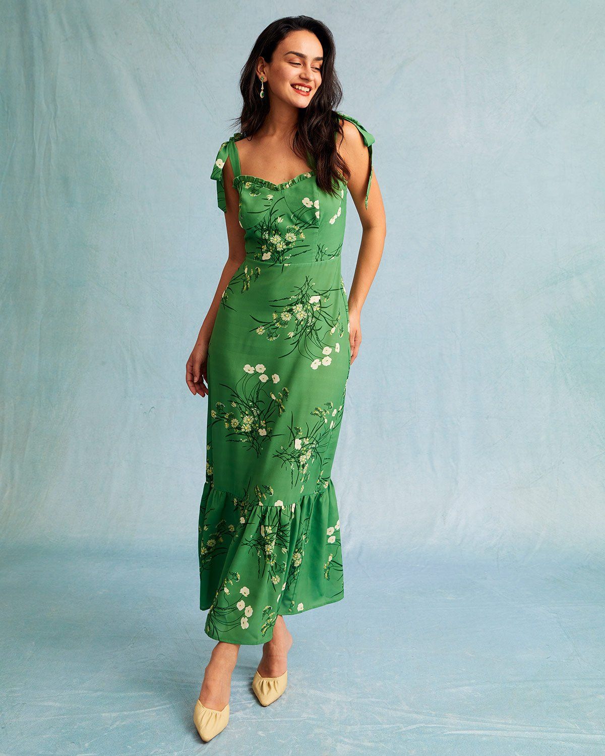 The Green Floral Tie Shoulder Ruffle Maxi Dress sold by rihoas product image thumbnail 2
