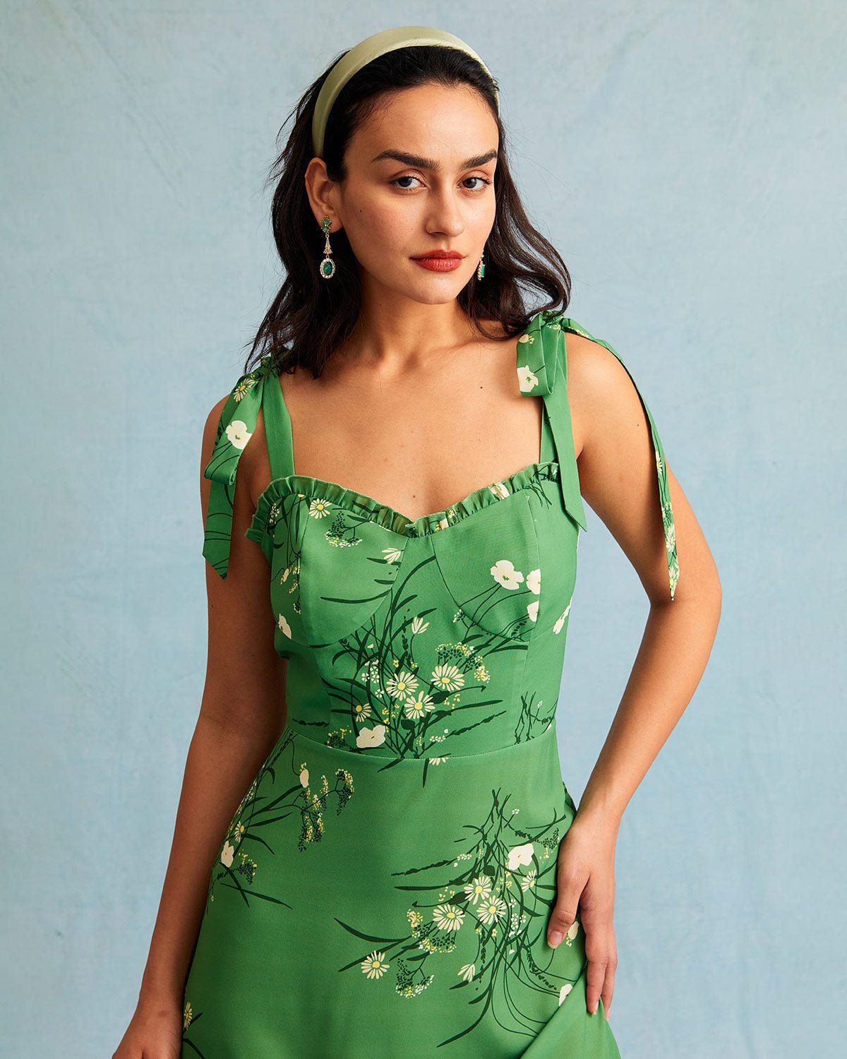 The Green Floral Tie Shoulder Ruffle Maxi Dress sold by rihoas product image thumbnail 3