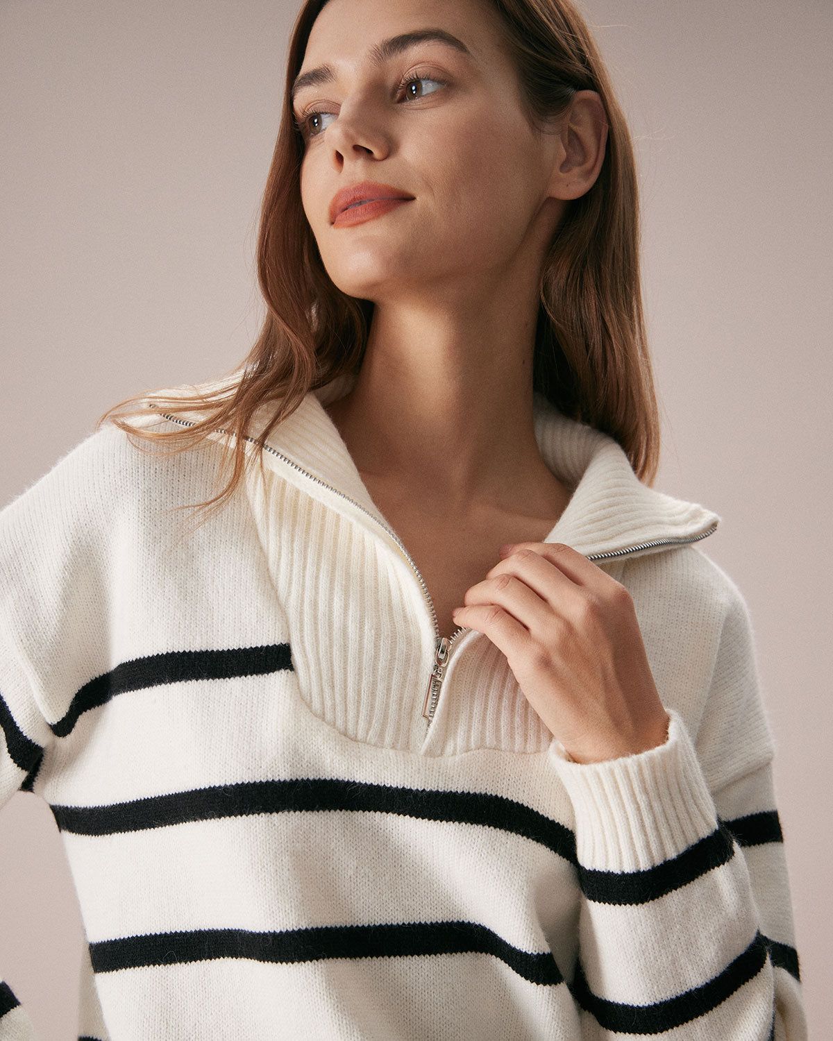 The Beige Lapel Half Zipper Striped Sweater sold by rihoas product image thumbnail 4