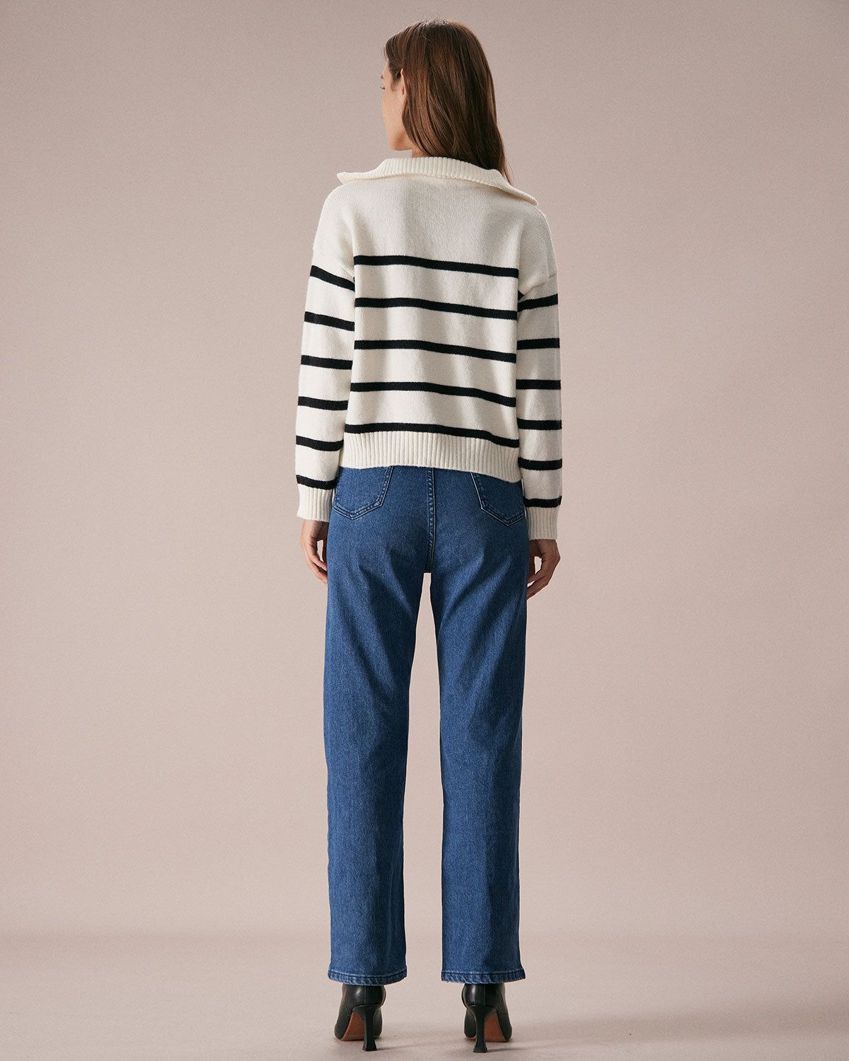 The Beige Lapel Half Zipper Striped Sweater sold by rihoas product image thumbnail 5