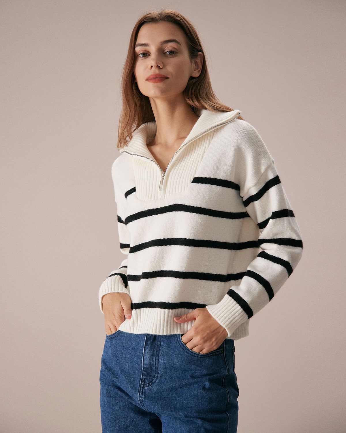 The Beige Lapel Half Zipper Striped Sweater sold by rihoas