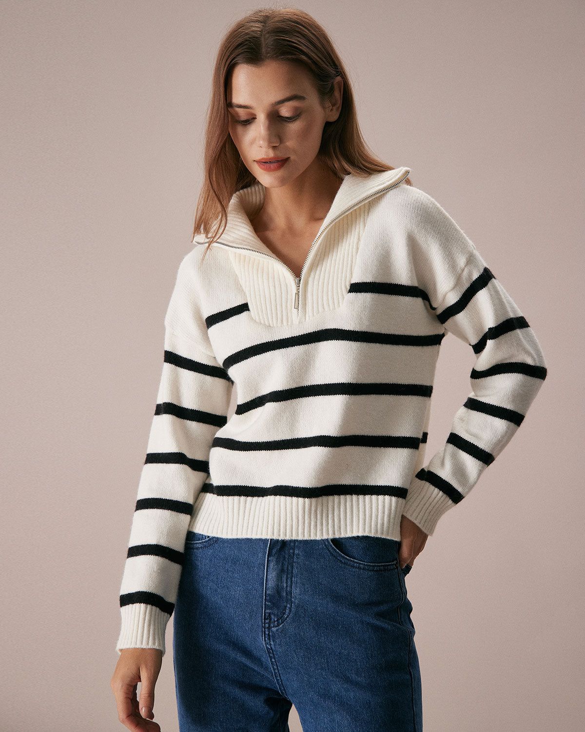 The Beige Lapel Half Zipper Striped Sweater sold by rihoas product image thumbnail 2