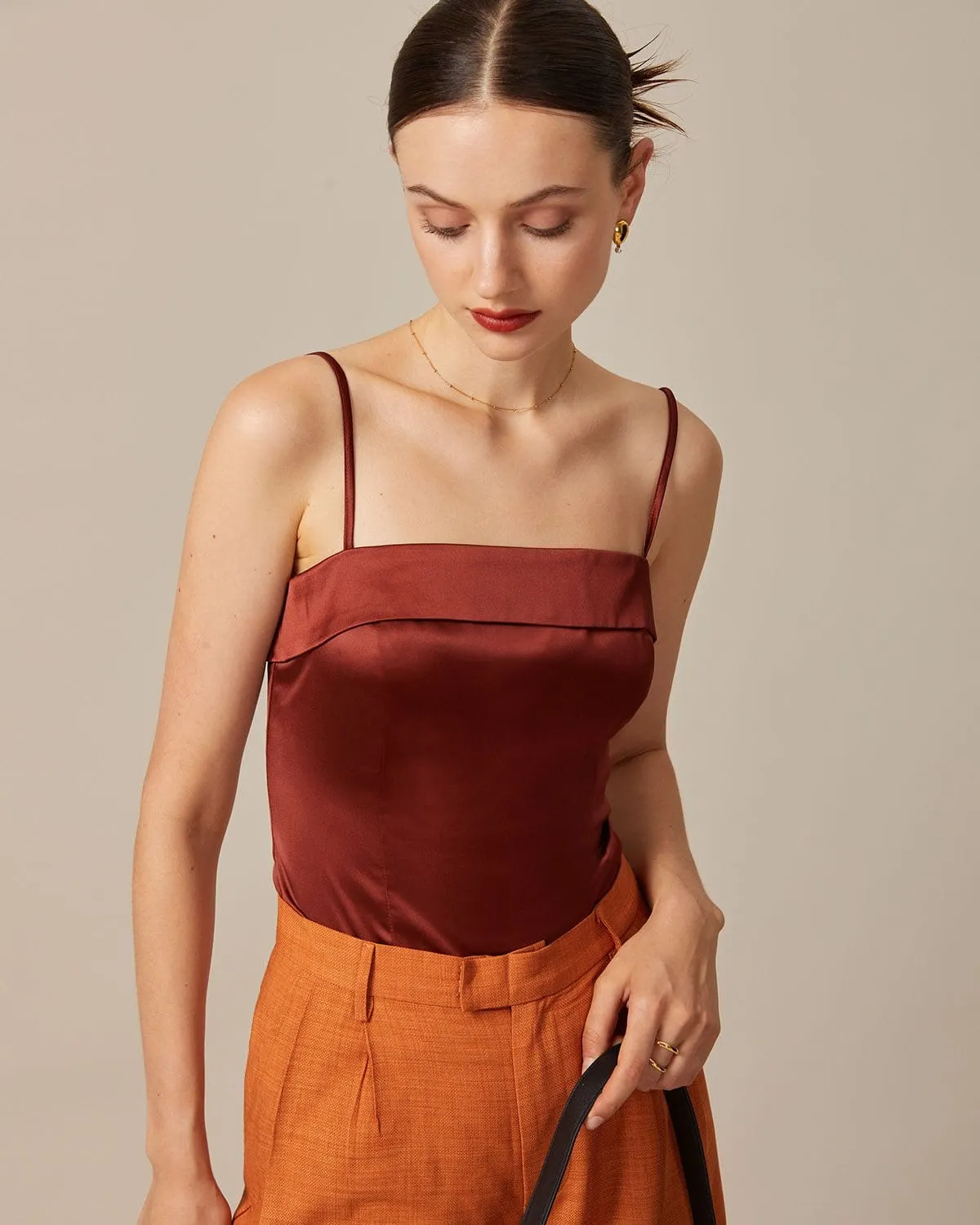 The Brown Zipper Back Satin Cami Top sold by rihoas product image thumbnail 4
