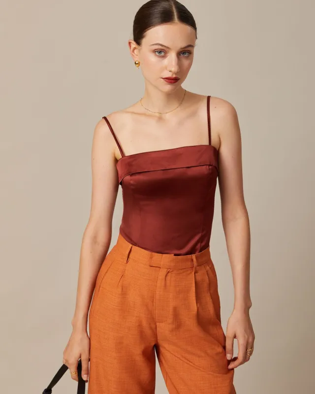 The Brown Zipper Back Satin Cami Top sold by rihoas
