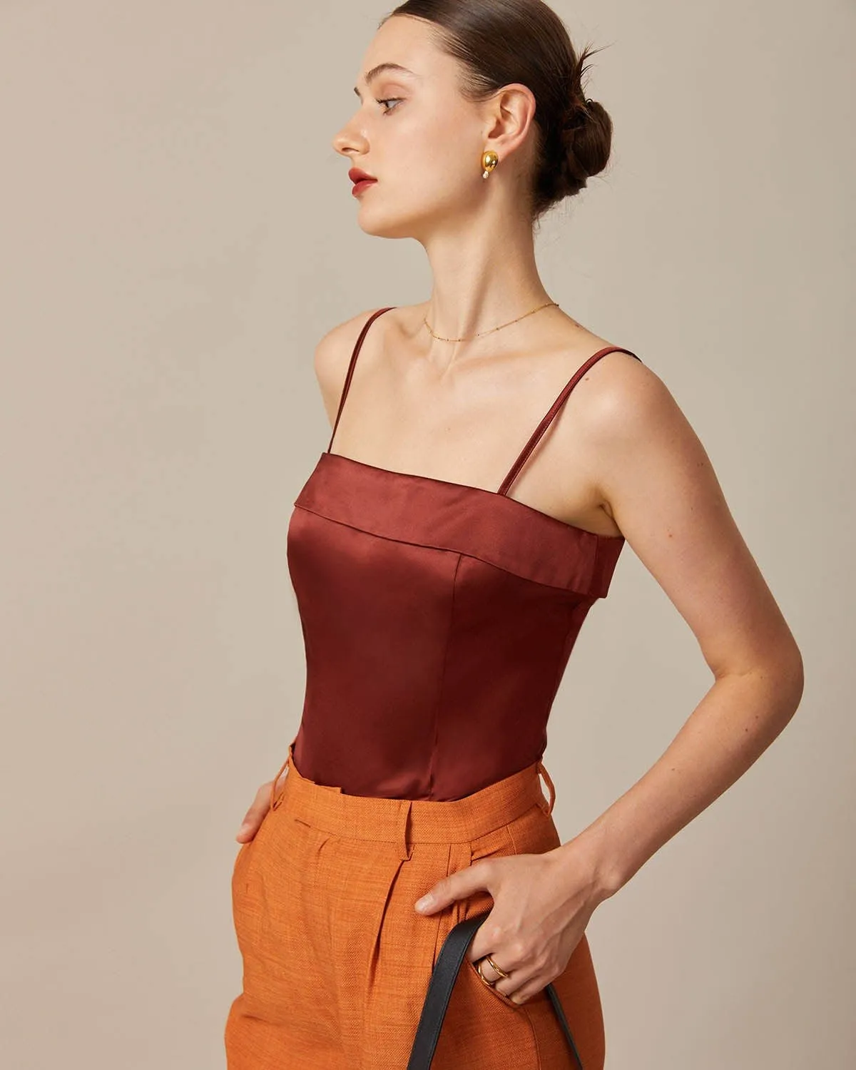 The Brown Zipper Back Satin Cami Top sold by rihoas product image thumbnail 5