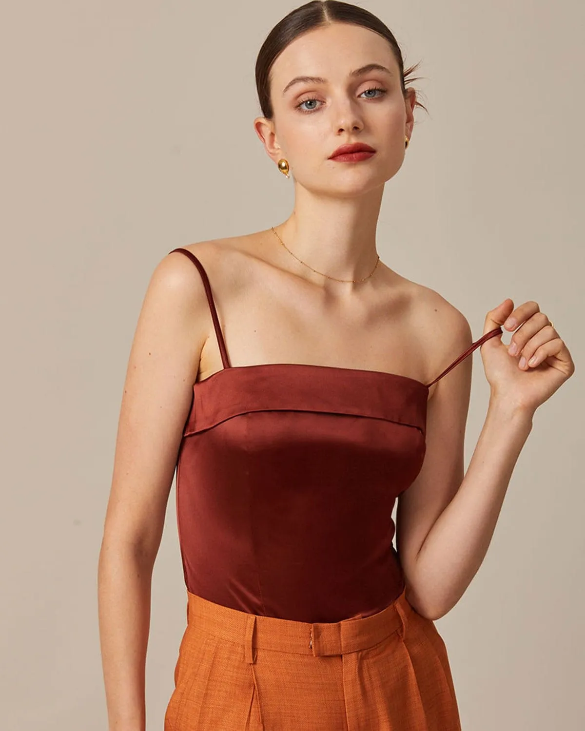 The Brown Zipper Back Satin Cami Top sold by rihoas product image thumbnail 3