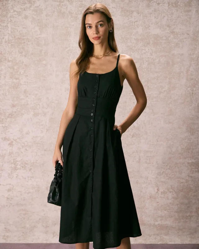 The Black Pleated Button Slit Strap Midi Dress sold by rihoas