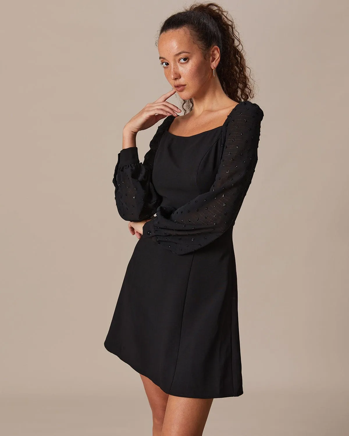 The Black Square Neck Lantern Sleeve Mini Dress sold by rihoas product image thumbnail 3