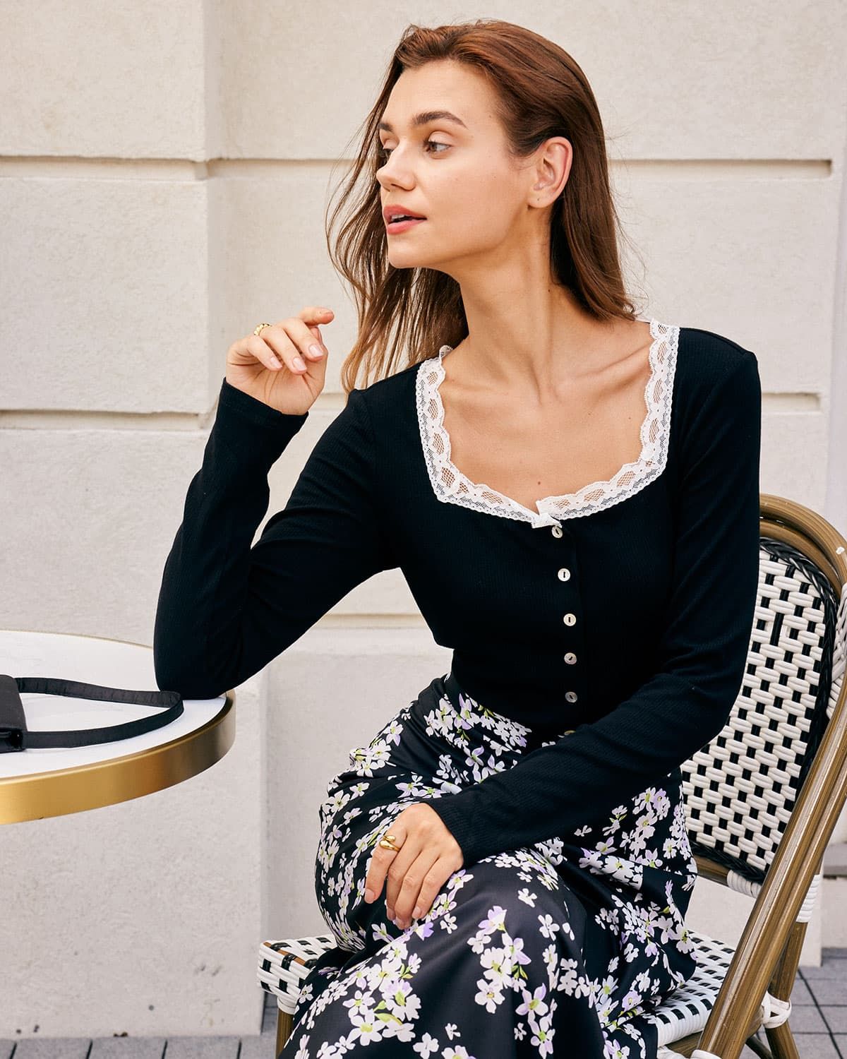 The Black Square Neck Lace Trim Knit Top sold by rihoas