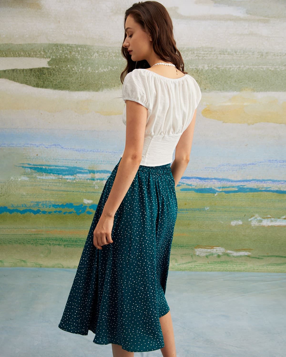 The Dark Green Elastic Polka Dot Midi Skirt sold by rihoas product image thumbnail 5