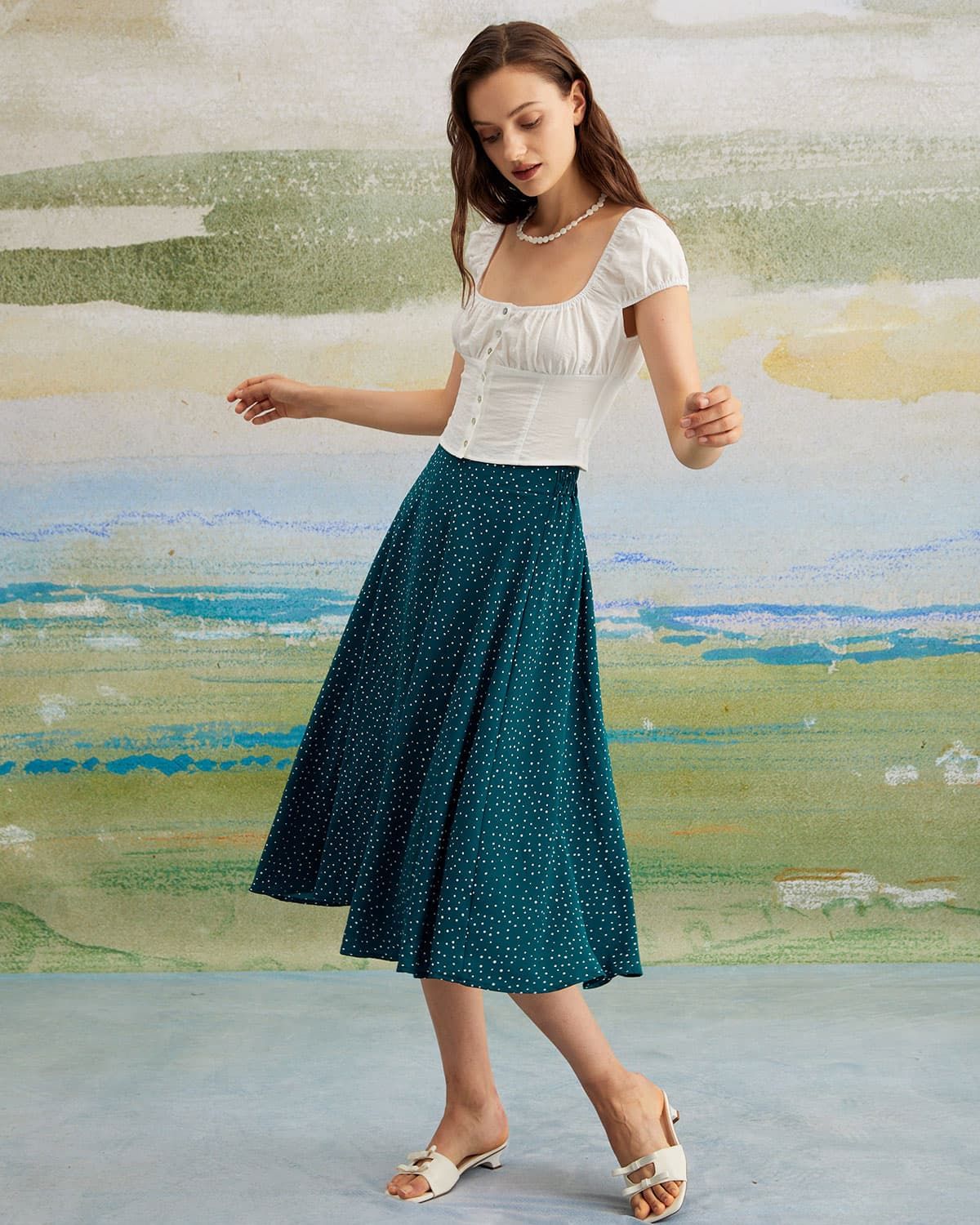 The Dark Green Elastic Polka Dot Midi Skirt sold by rihoas product image thumbnail 3