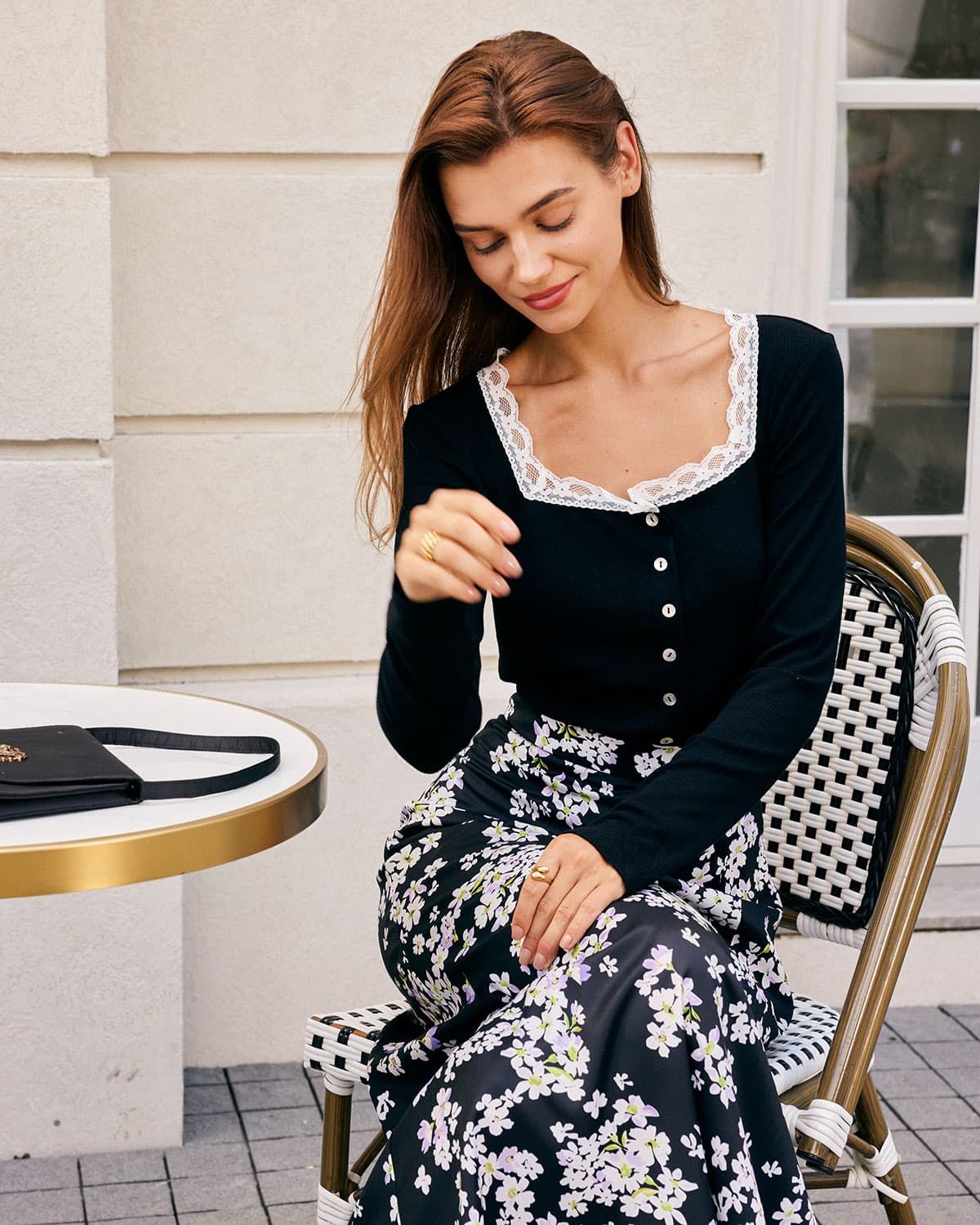 The Black Square Neck Lace Trim Knit Top sold by rihoas product image thumbnail 3