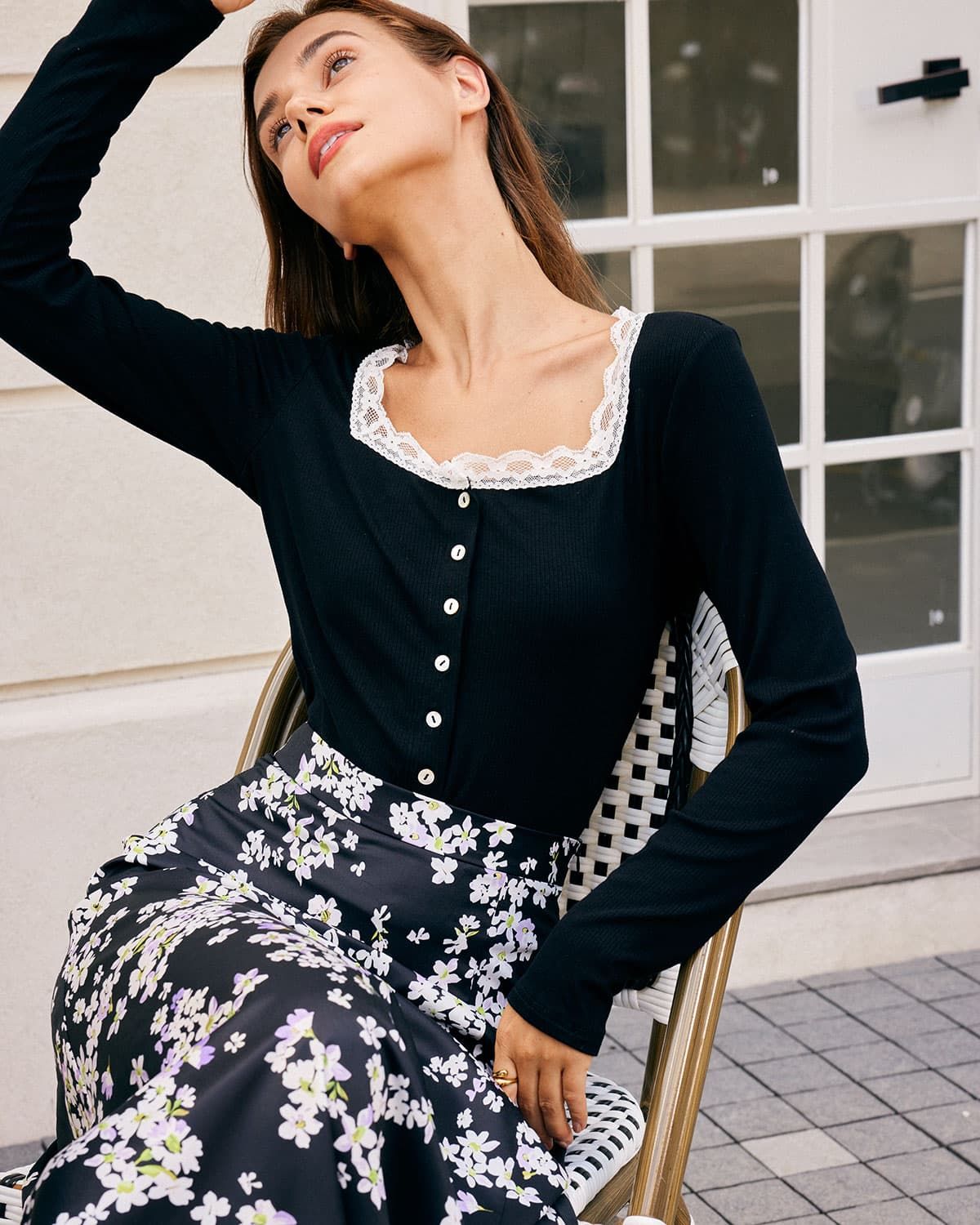 The Black Square Neck Lace Trim Knit Top sold by rihoas product image thumbnail 4