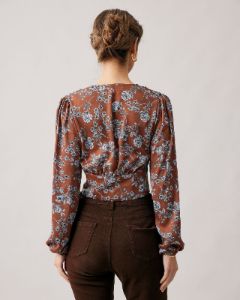 The V Neck Floral Lantern Sleeve Satin Blouse sold by rihoas