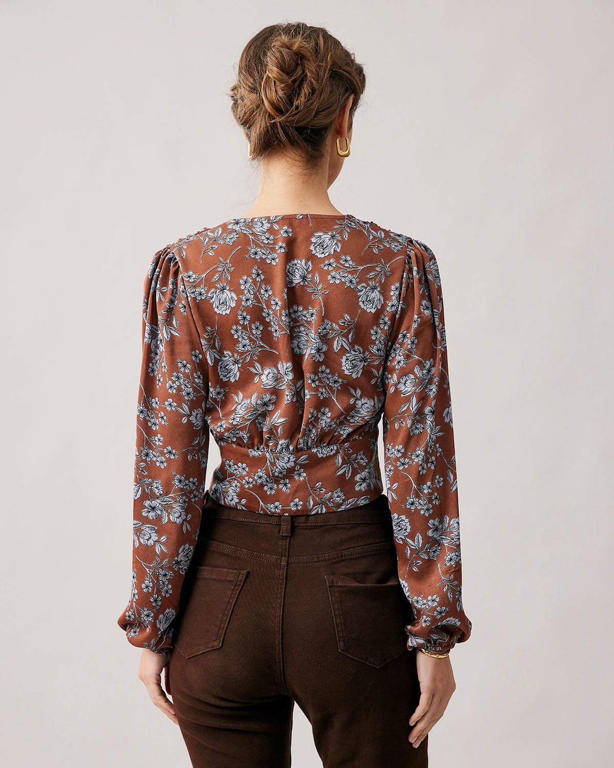 The V Neck Floral Lantern Sleeve Satin Blouse sold by rihoas product image thumbnail 5