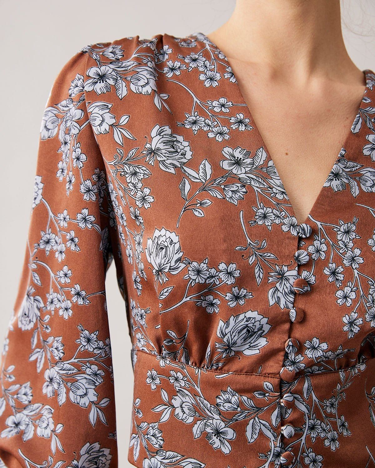 The V Neck Floral Lantern Sleeve Satin Blouse sold by rihoas product image thumbnail 2
