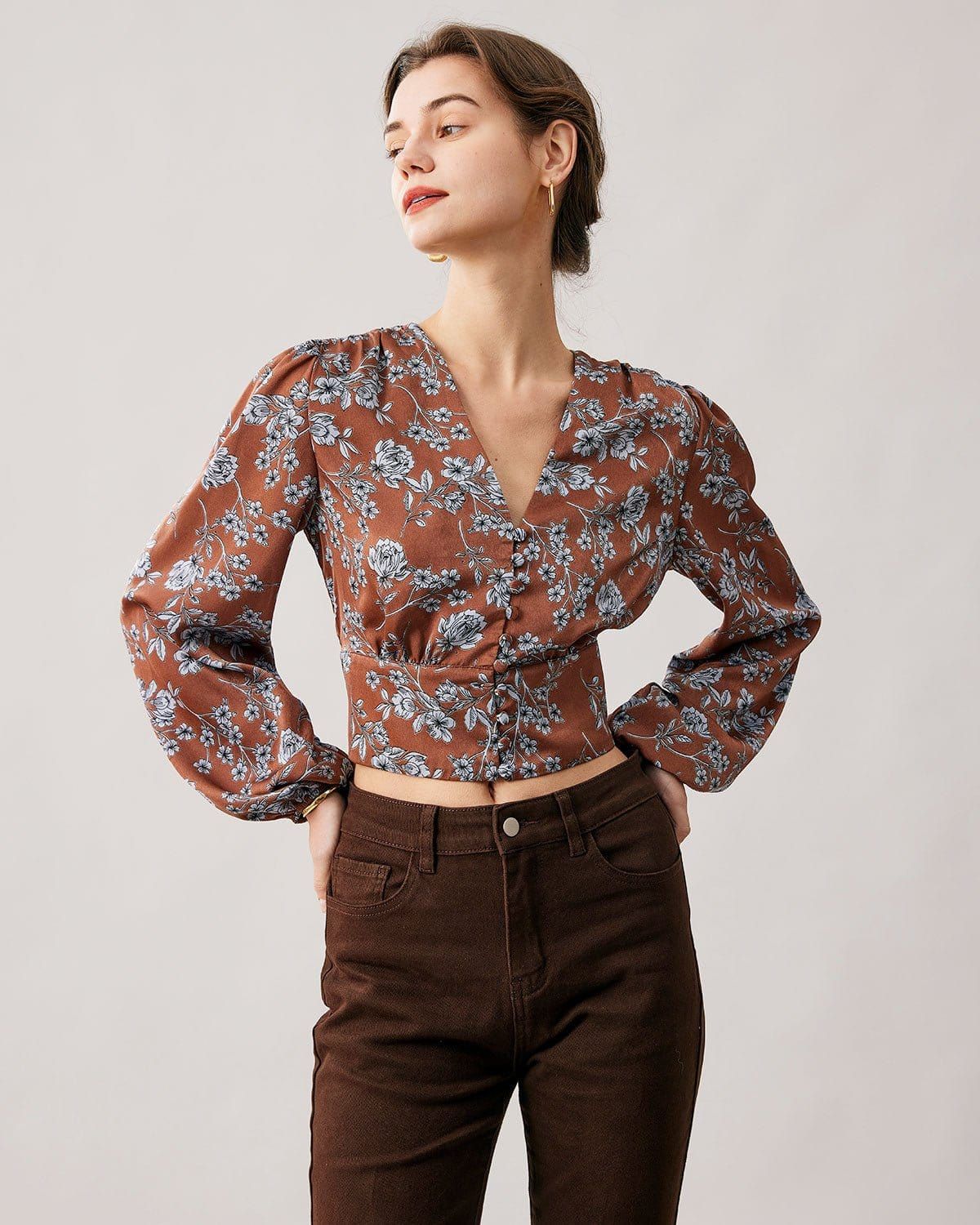 The V Neck Floral Lantern Sleeve Satin Blouse sold by rihoas product image thumbnail 3