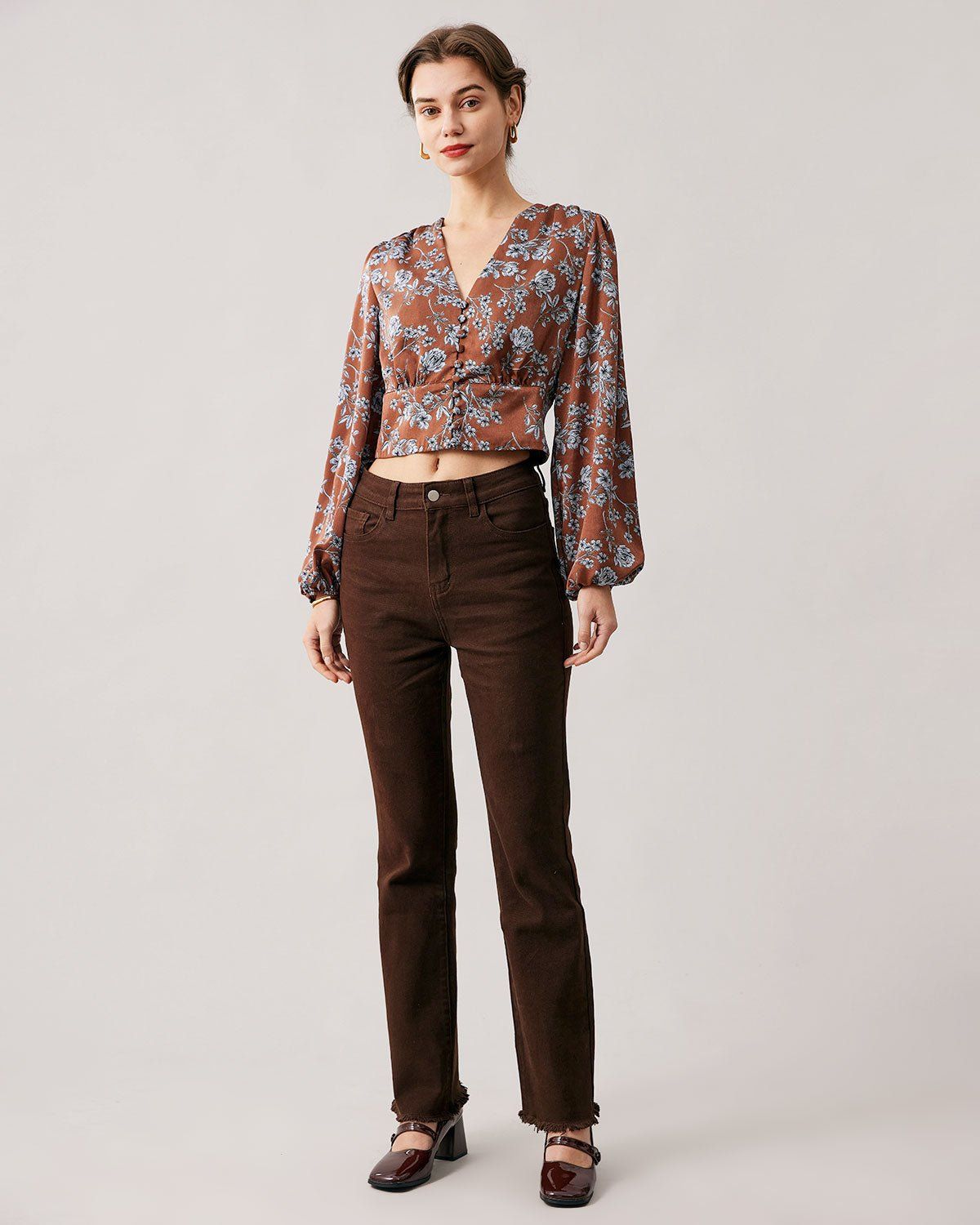The V Neck Floral Lantern Sleeve Satin Blouse sold by rihoas product image thumbnail 4