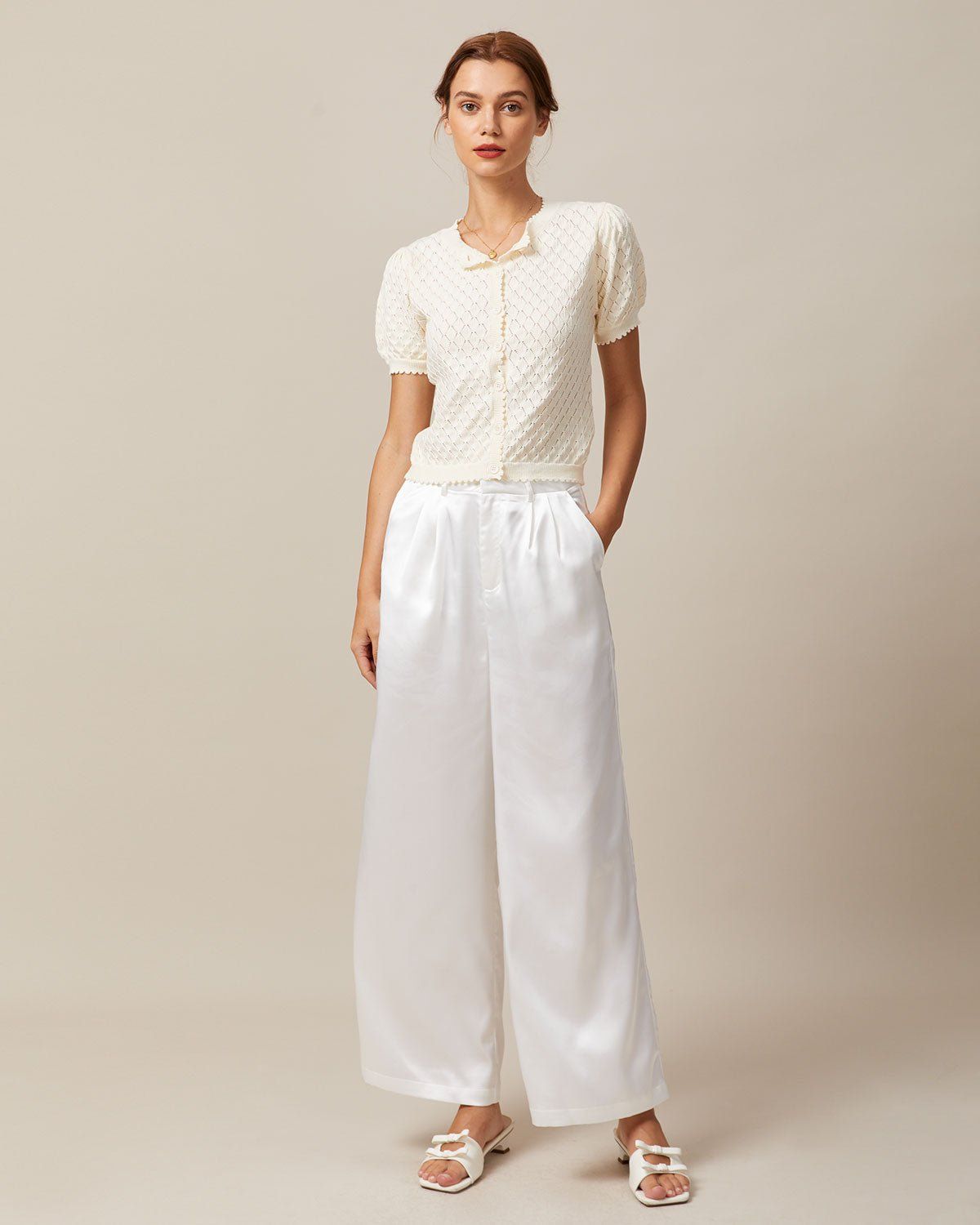 The Beige Puff Sleeve Pointelle Knit Top sold by rihoas product image thumbnail 2