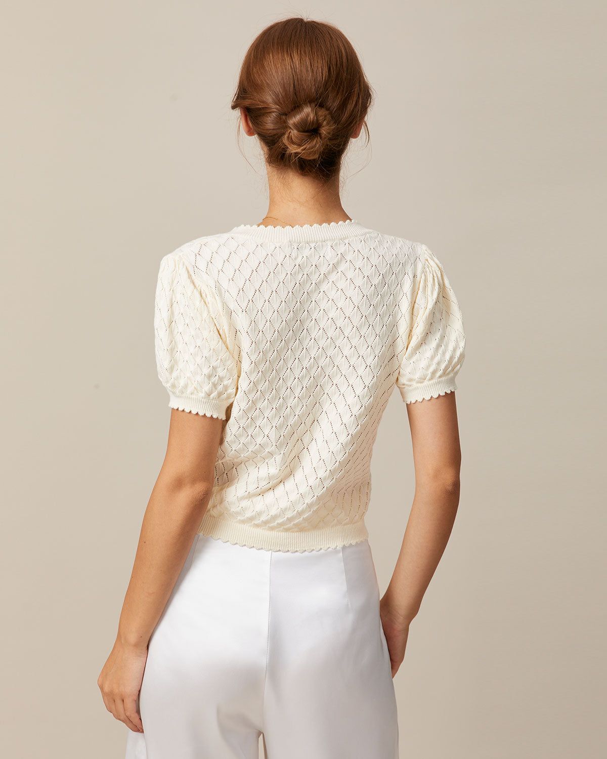 The Beige Puff Sleeve Pointelle Knit Top sold by rihoas product image thumbnail 5