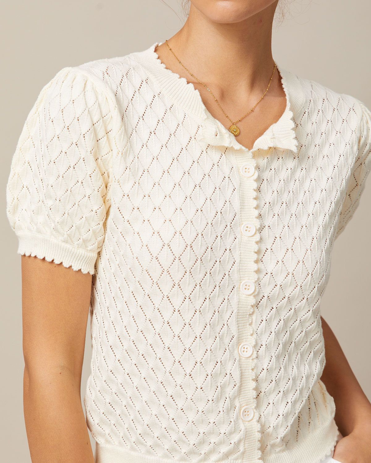 The Beige Puff Sleeve Pointelle Knit Top sold by rihoas product image thumbnail 4