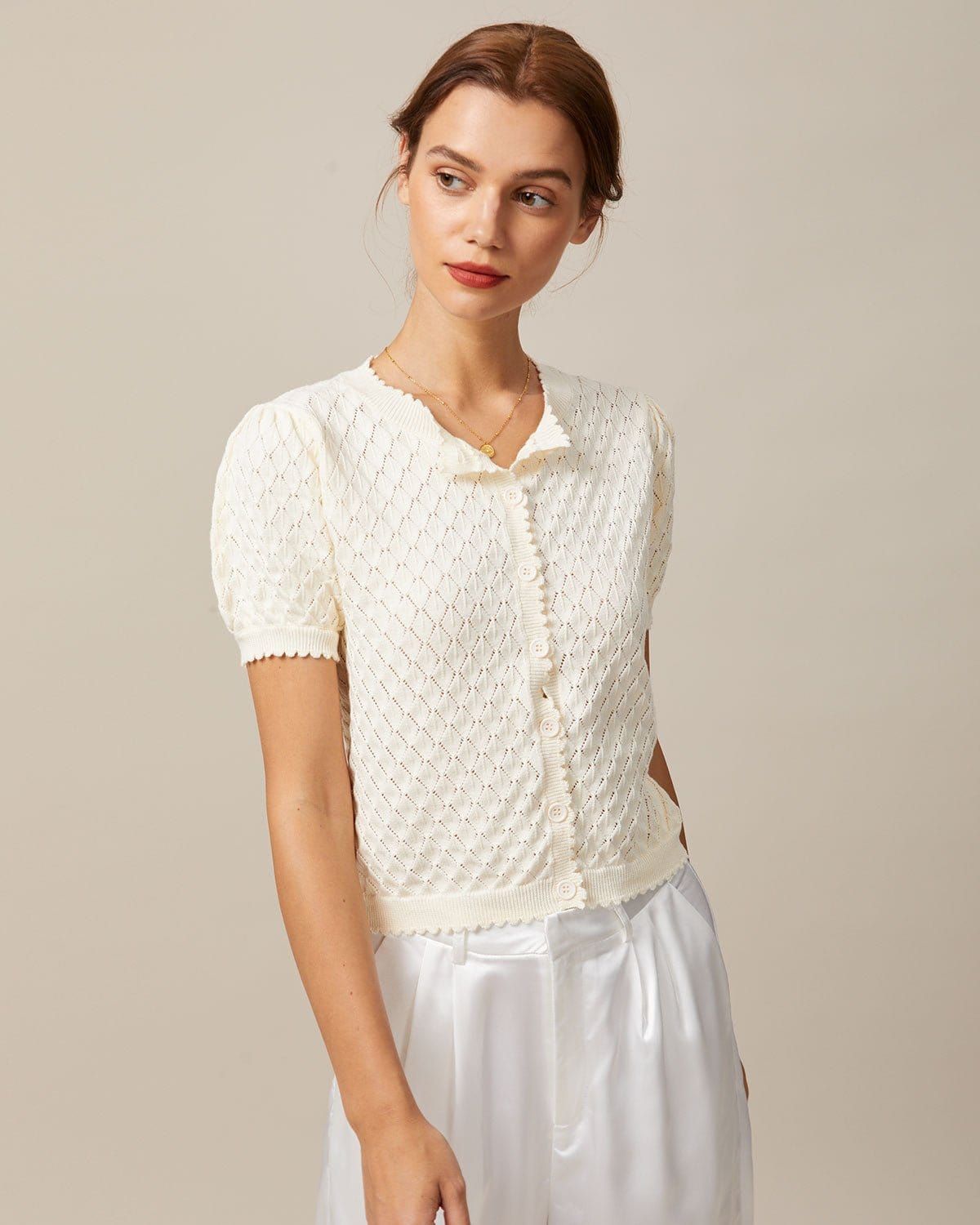 The Beige Puff Sleeve Pointelle Knit Top sold by rihoas product image thumbnail 3