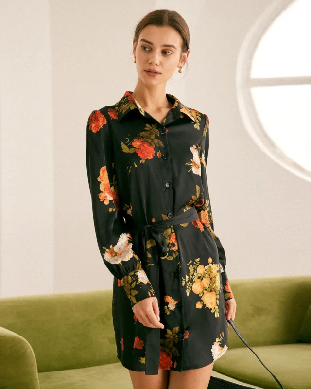 The Black Lapel Button Floral Satin Mini Dress sold by rihoas