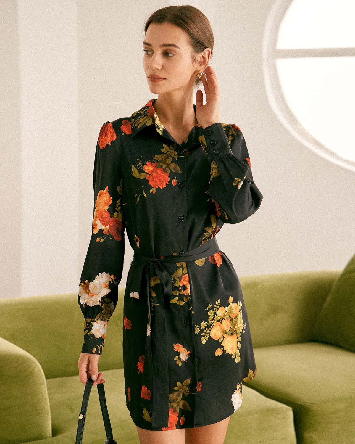 The Black Lapel Button Floral Satin Mini Dress sold by rihoas product image thumbnail 3