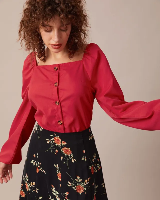 The Red Square Neck Button Puff Sleeve Blouse sold by rihoas