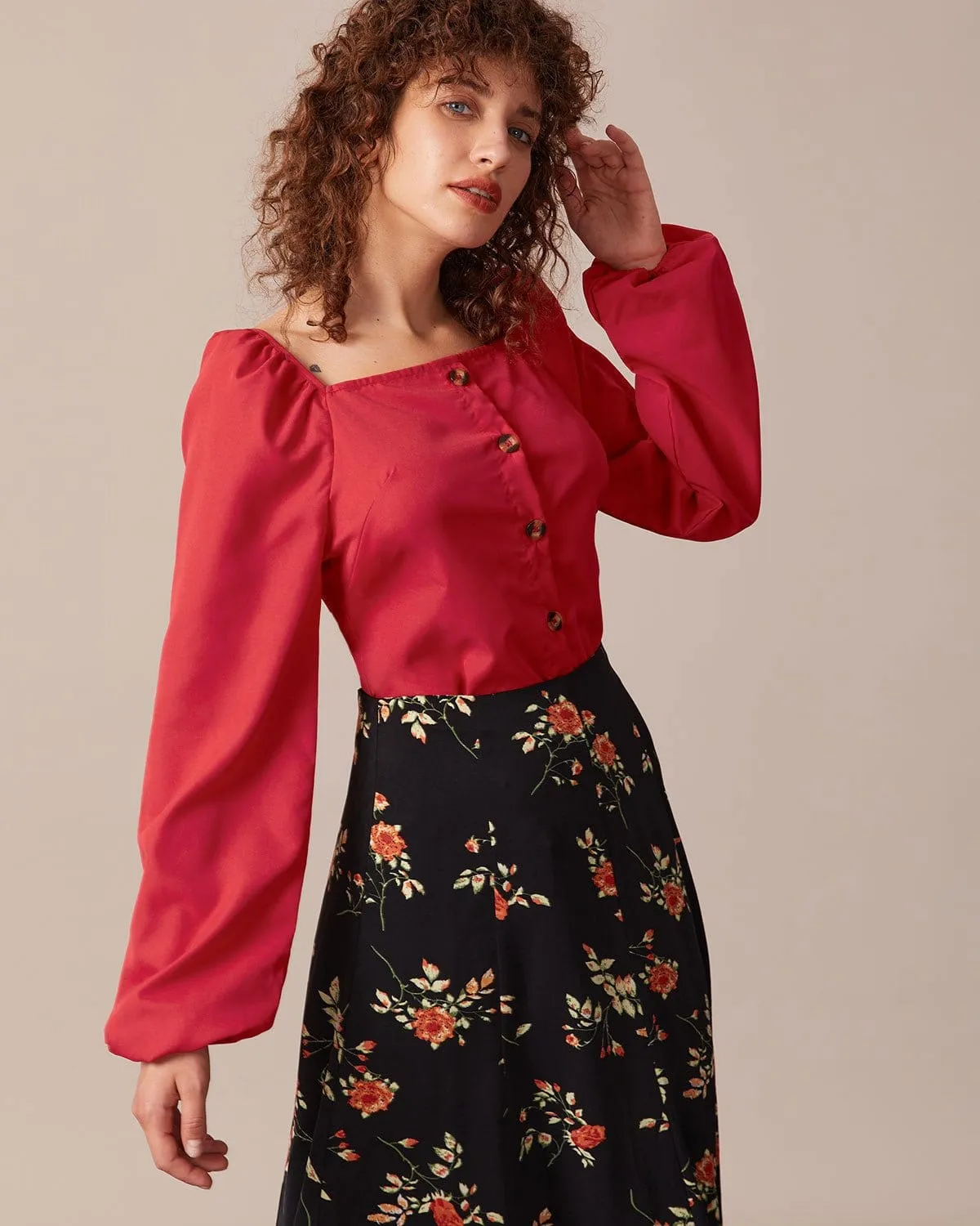 The Red Square Neck Button Puff Sleeve Blouse sold by rihoas product image thumbnail 4
