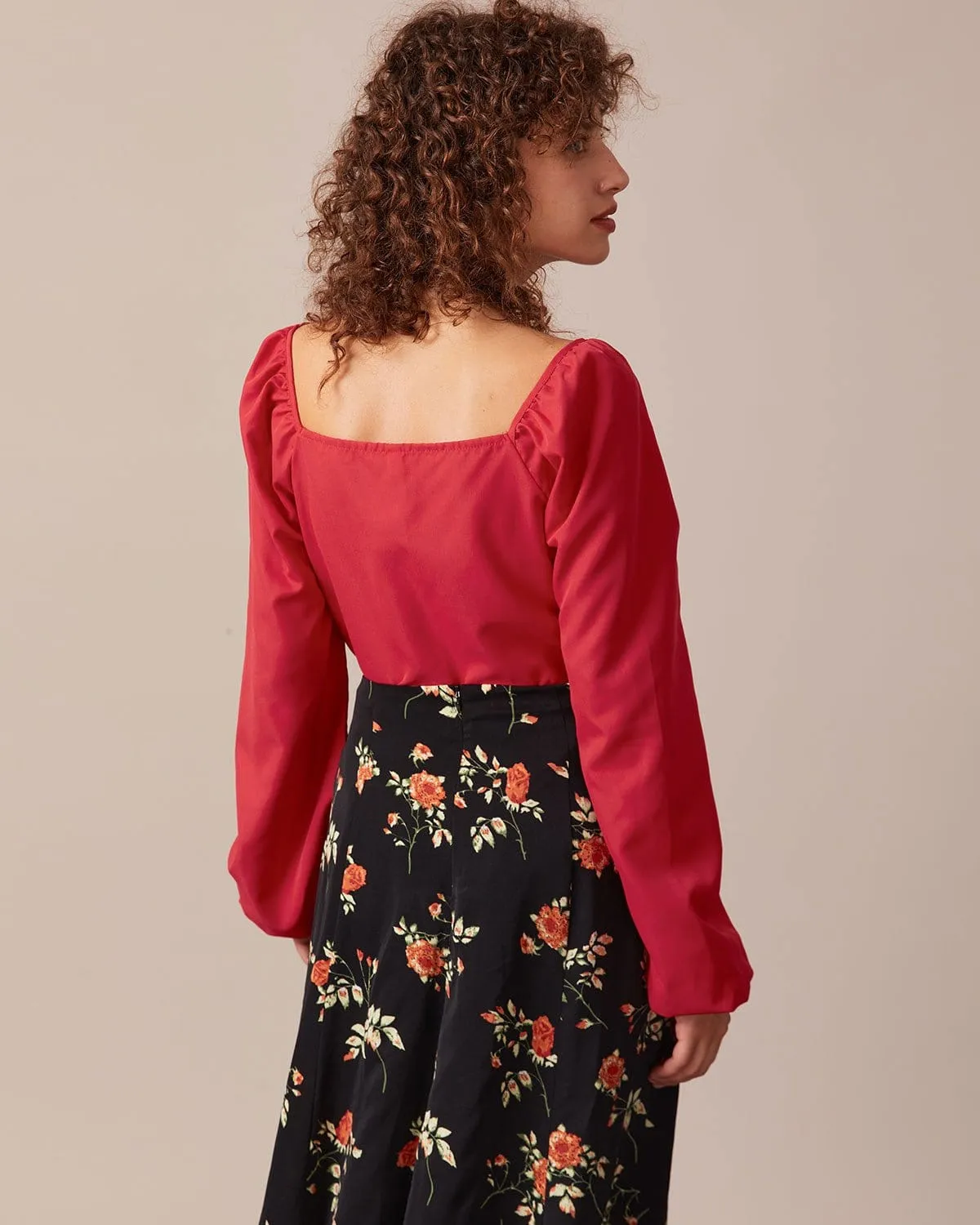 The Red Square Neck Button Puff Sleeve Blouse sold by rihoas product image thumbnail 5