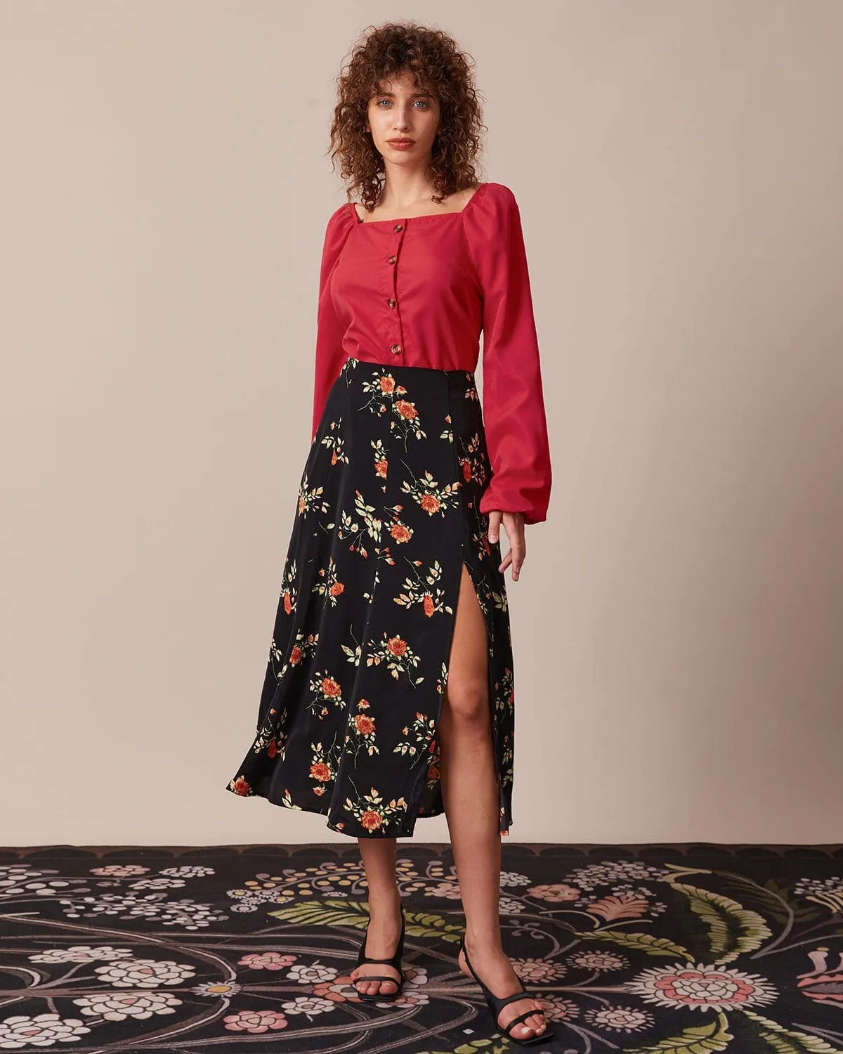 The Red Square Neck Button Puff Sleeve Blouse sold by rihoas product image thumbnail 3