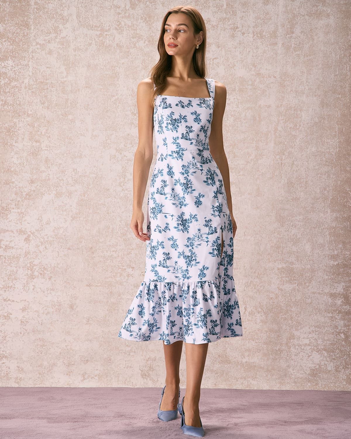 The Blue Square Neck Ruffle Floral Midi Dress sold by rihoas product image thumbnail 5