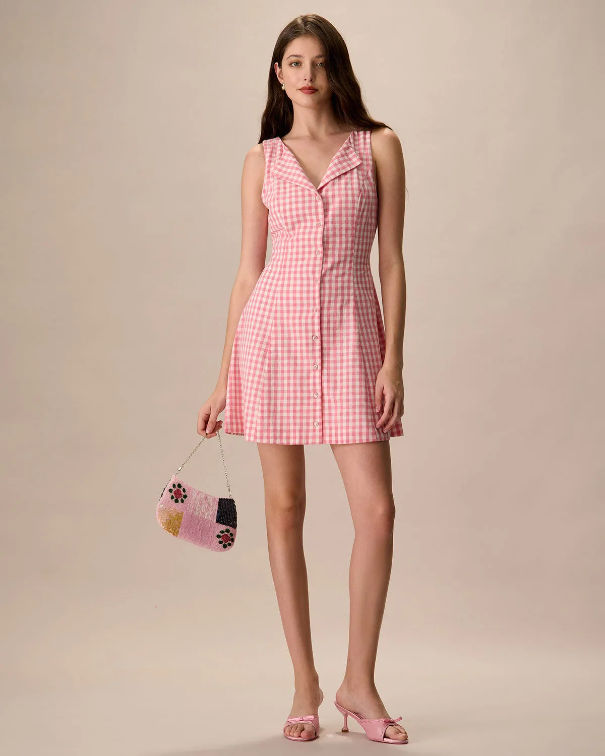 Women's Pink V-Neck Plaid Cotton Mini Dresses sold by rihoas product image thumbnail 3