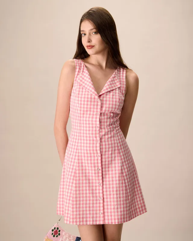 Women's Pink V-Neck Plaid Cotton Mini Dresses sold by rihoas