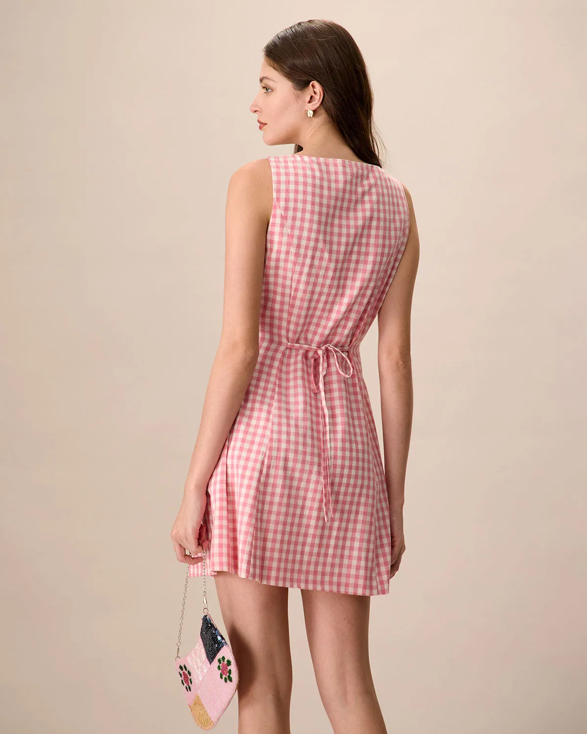 Women's Pink V-Neck Plaid Cotton Mini Dresses sold by rihoas product image thumbnail 4