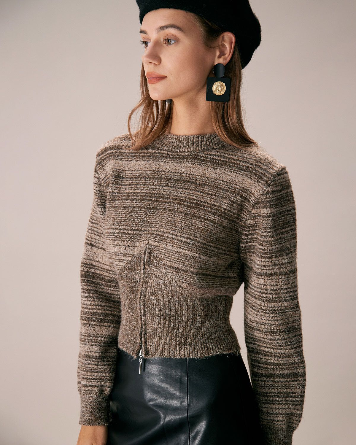 The Khaki Round Neck Striped Woolen Knit Top sold by rihoas product image thumbnail 2