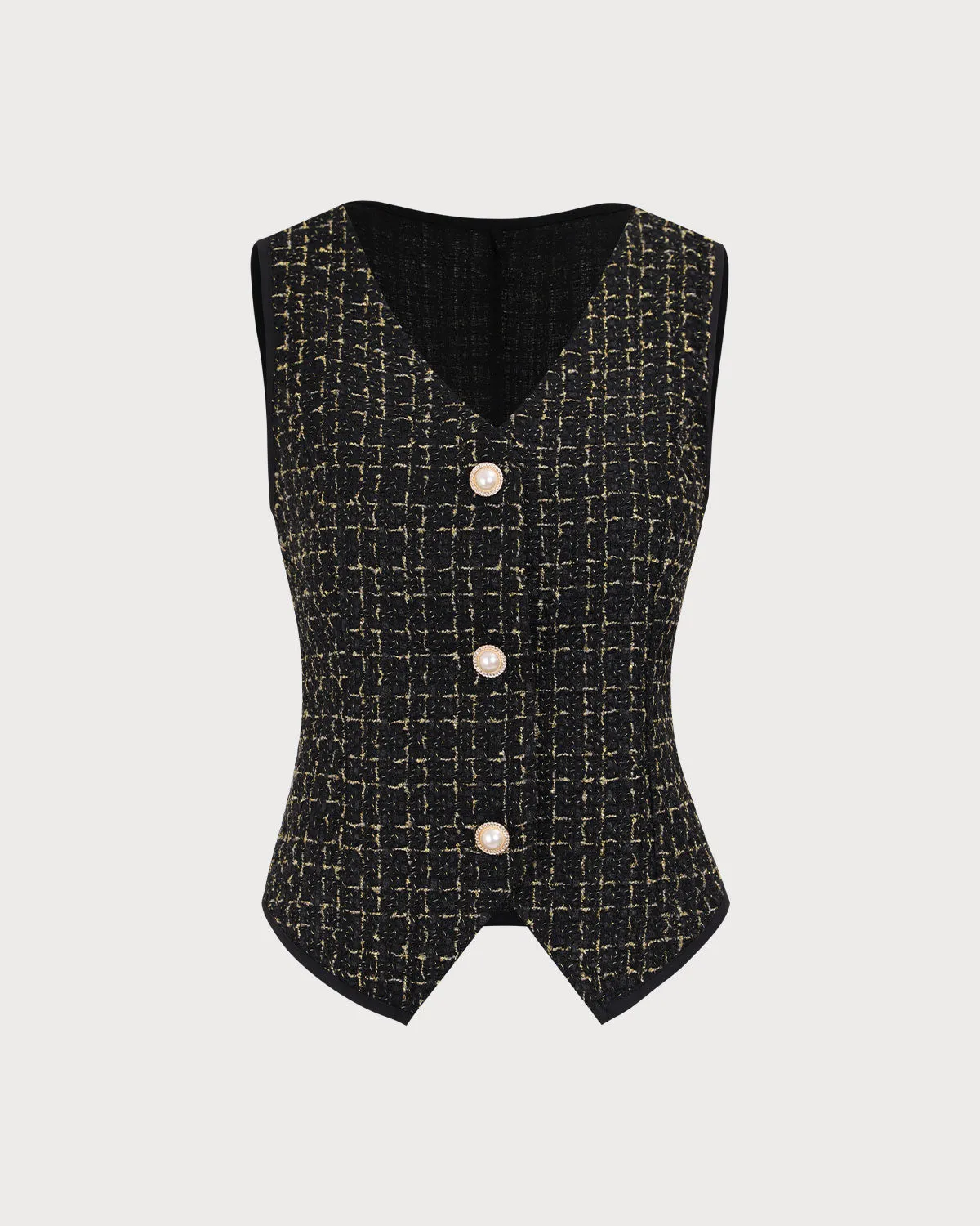 Women's Black V-Neck Buttoned Tweed Vest sold by rihoas