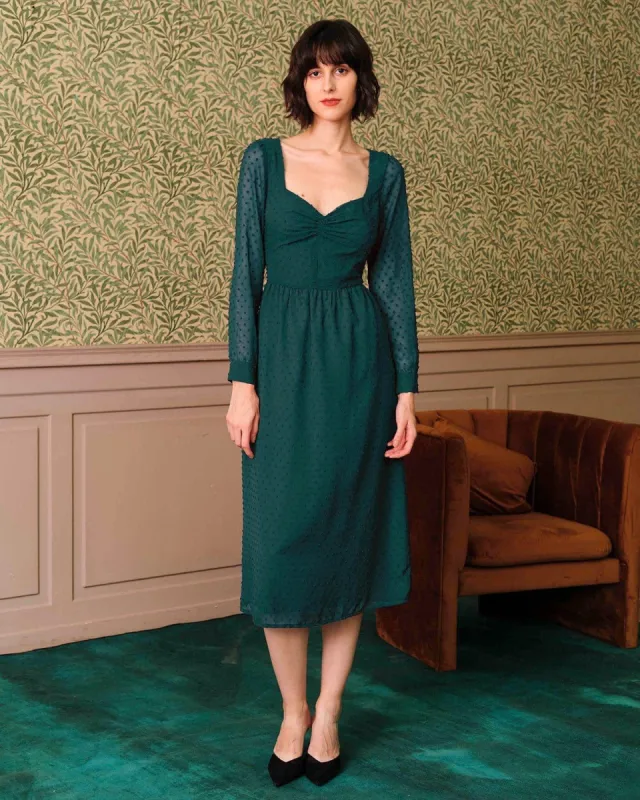 The Dark Green Sweetheart Neck Sheer Sleeve Midi Dress sold by rihoas