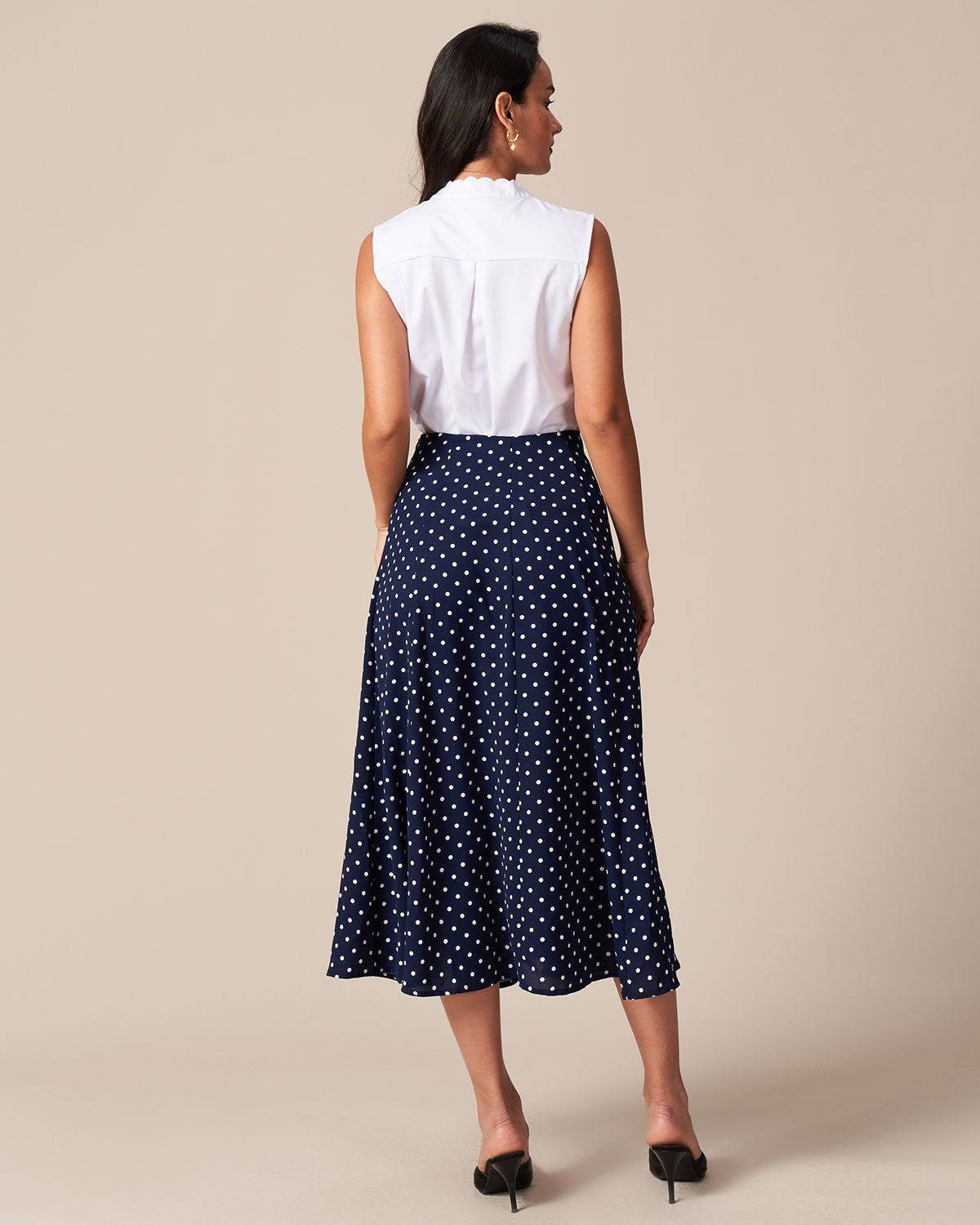 The Navy High Waisted Polka Dot Midi Skirt sold by rihoas product image thumbnail 5