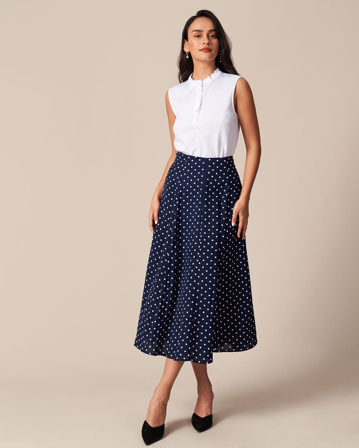 The Navy High Waisted Polka Dot Midi Skirt sold by rihoas product image thumbnail 4