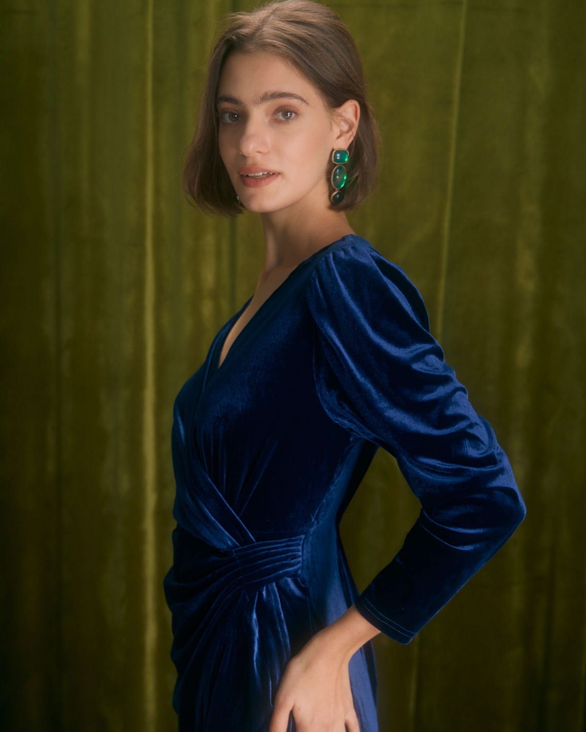 The Navy V Neck Wrap Velvet Midi Dress sold by rihoas product image thumbnail 4