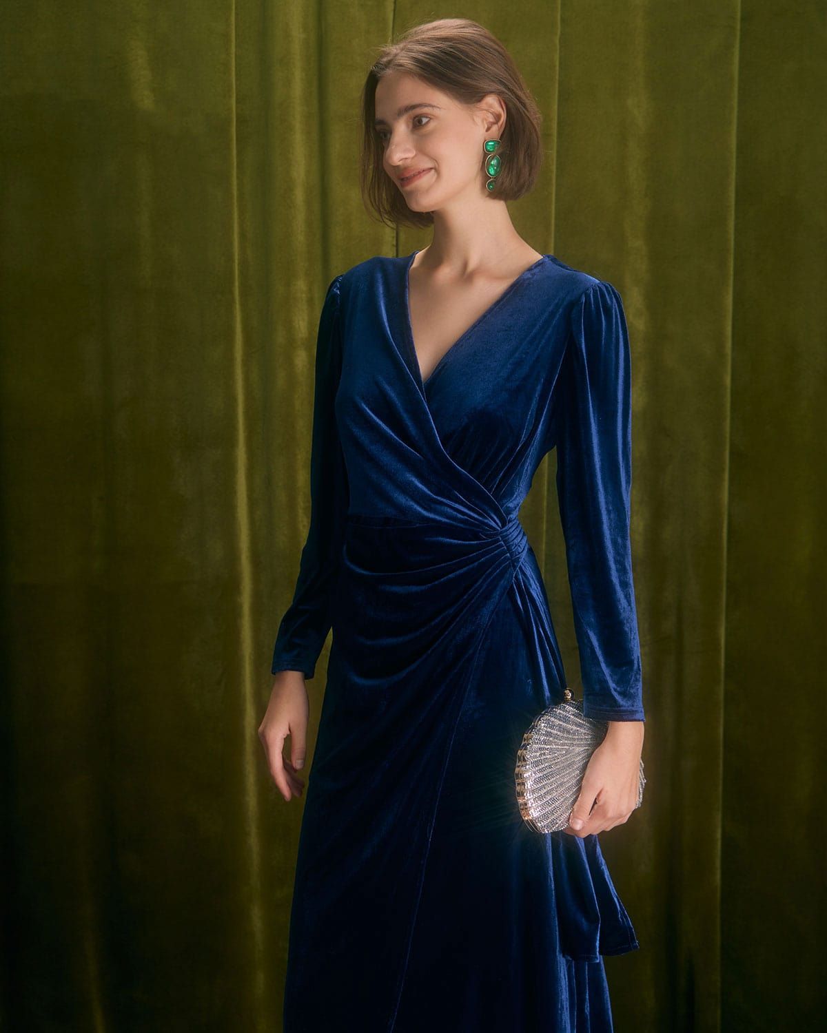 The Navy V Neck Wrap Velvet Midi Dress sold by rihoas product image thumbnail 3