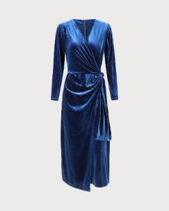The Navy V Neck Wrap Velvet Midi Dress sold by rihoas