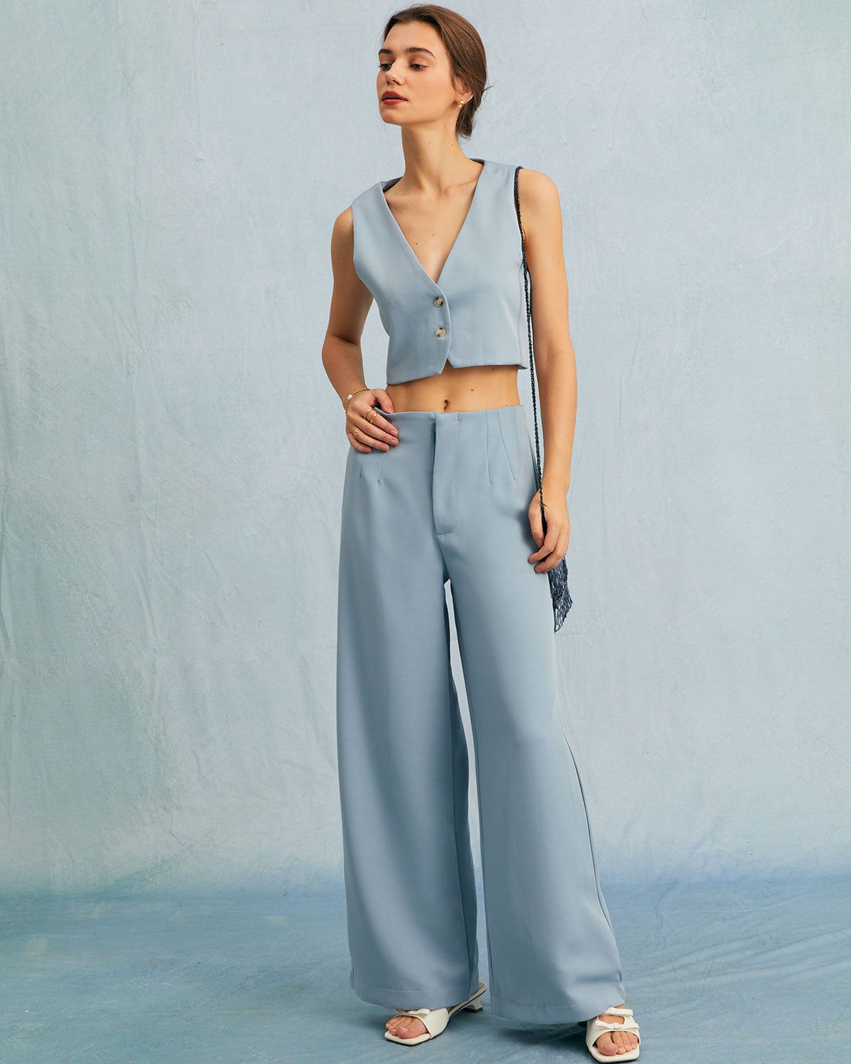 The Blue High Waisted Zipper Straight Pants sold by rihoas product image thumbnail 2