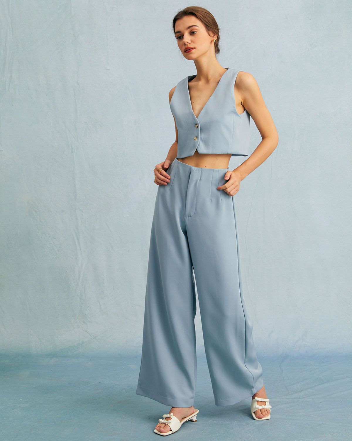 The Blue High Waisted Zipper Straight Pants sold by rihoas product image thumbnail 3