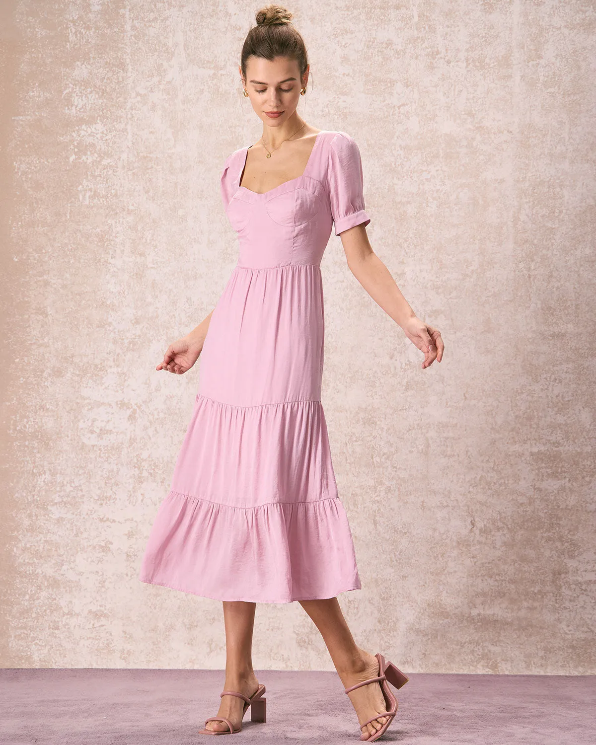 The Pink Sweetheart Neck Ruched Midi Dress sold by rihoas product image thumbnail 4
